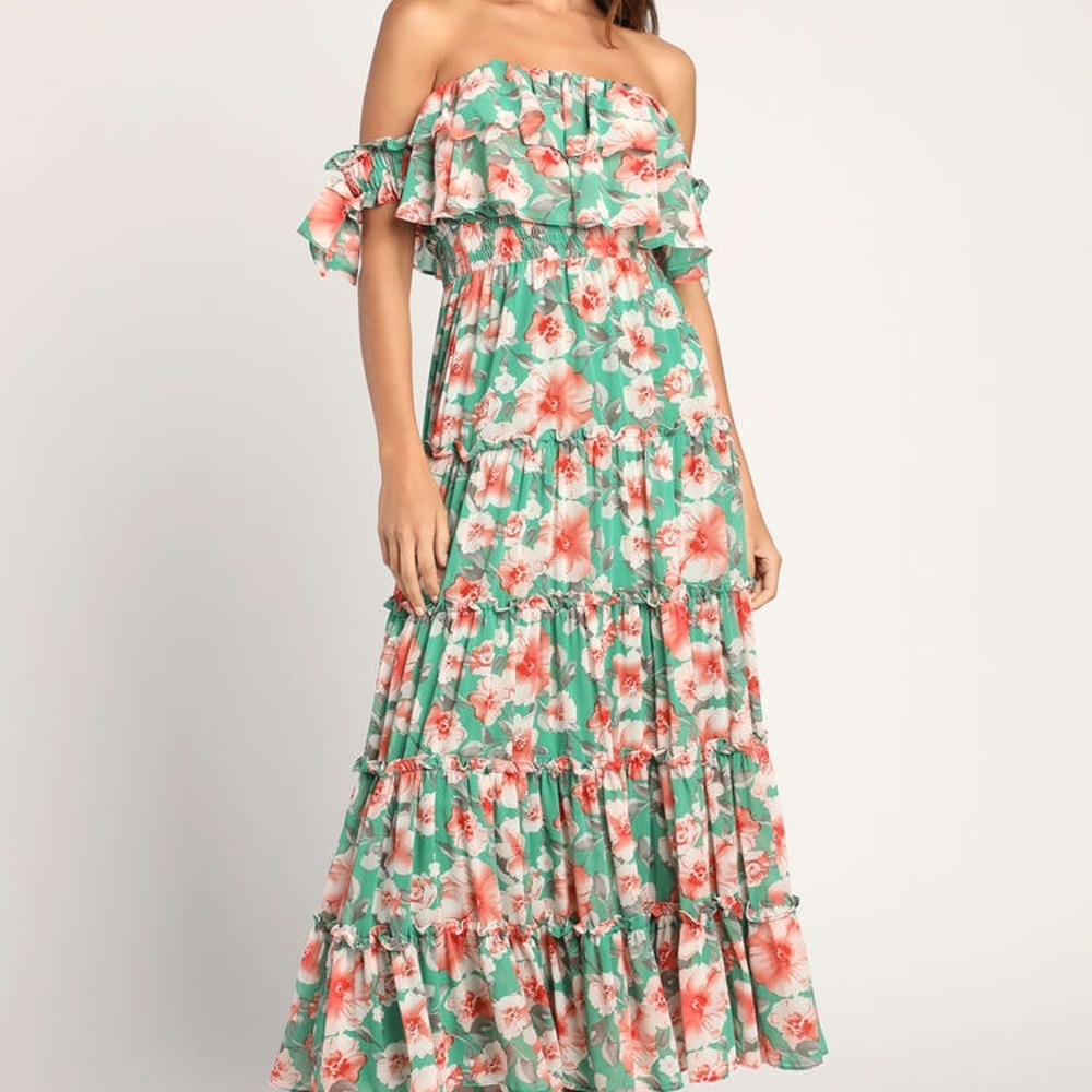 LULU'S Chance For Us Green Floral Off-the-Shoulder Ruffled Maxi Dress - SIZE S